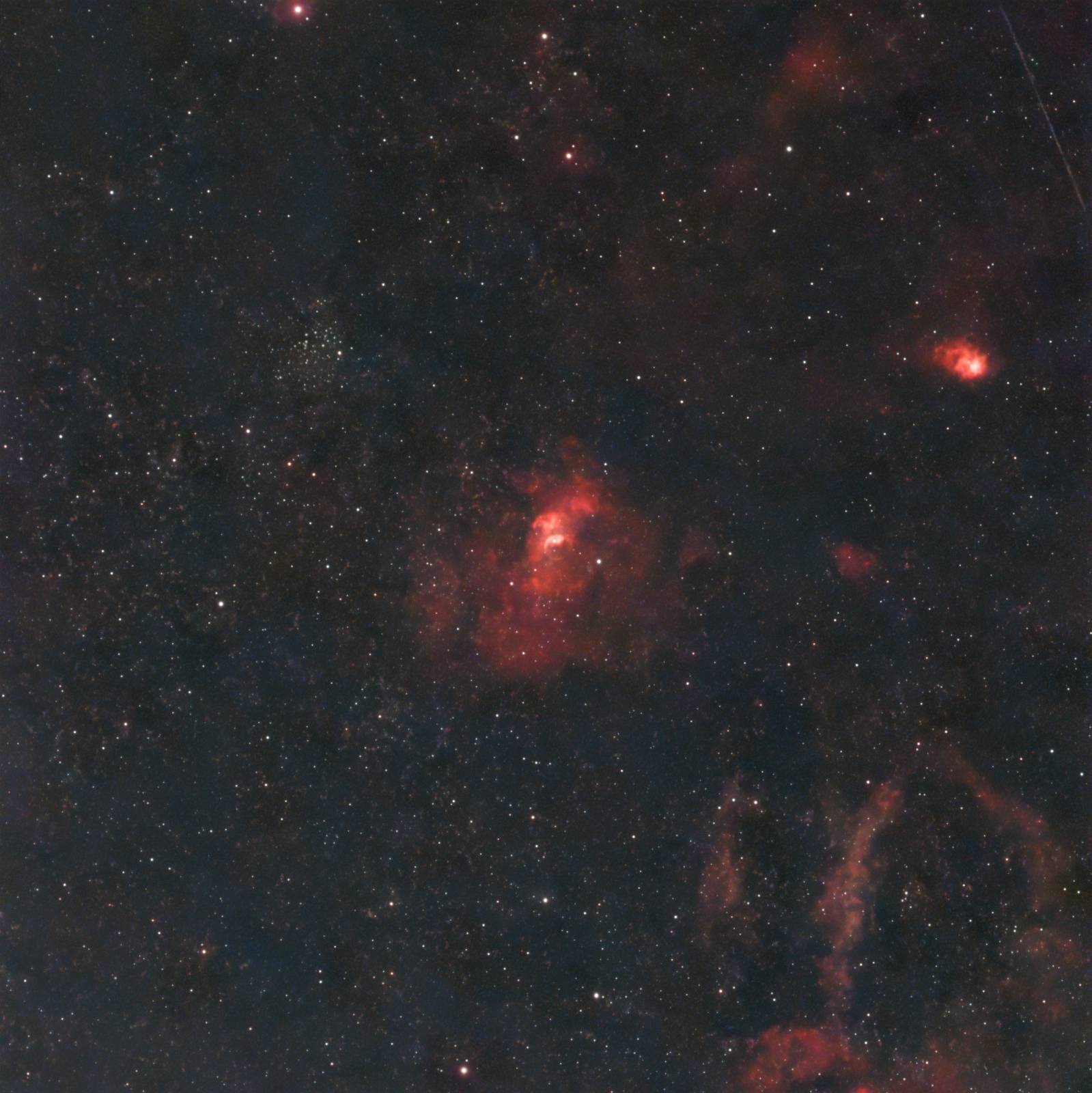 Wide field around the Bubble Nebula with M52 and the Lobster Claw Nebula